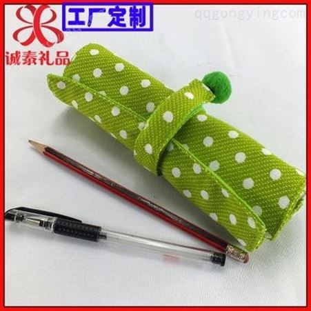 厂家订制韩版布艺笔袋 帆布卷式笔袋 绿色环保波点学生文具笔袋