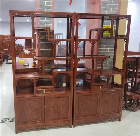 新中式胡桃色北方榆木架书架 中式茶叶展示柜