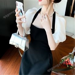 泡泡袖连衣裙女设计感赫本风高级感复古气质显瘦A字裙黑白小礼服